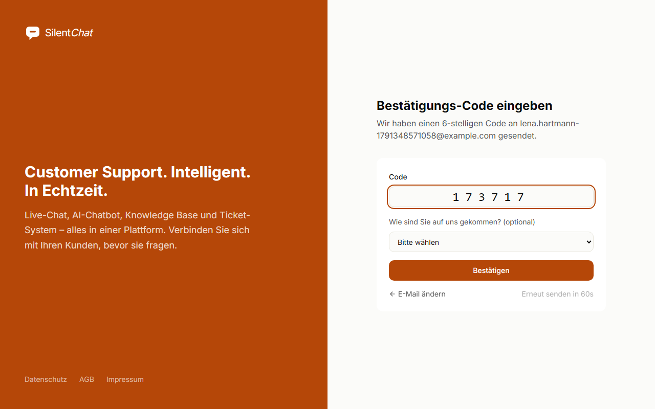 Eingabefeld für den sechsstelligen Code aus der E-Mail