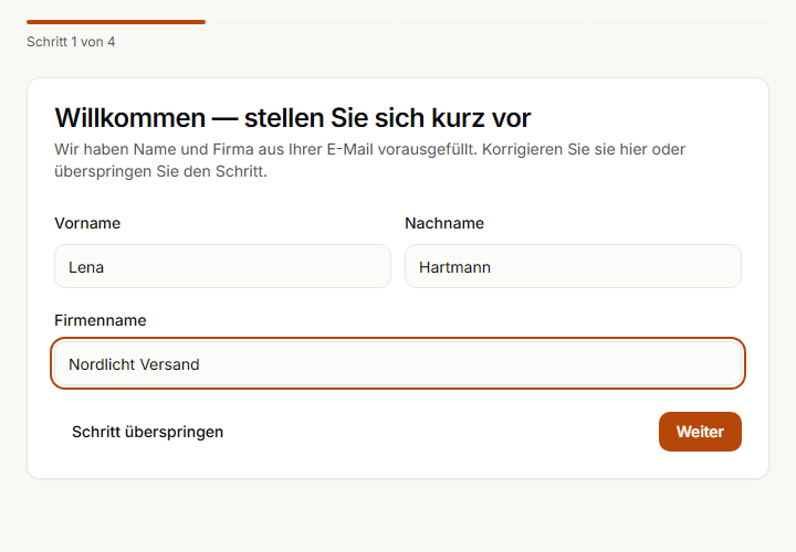 Einrichtungsassistent, Schritt 1 von 4: Vorname, Nachname und Firmenname
