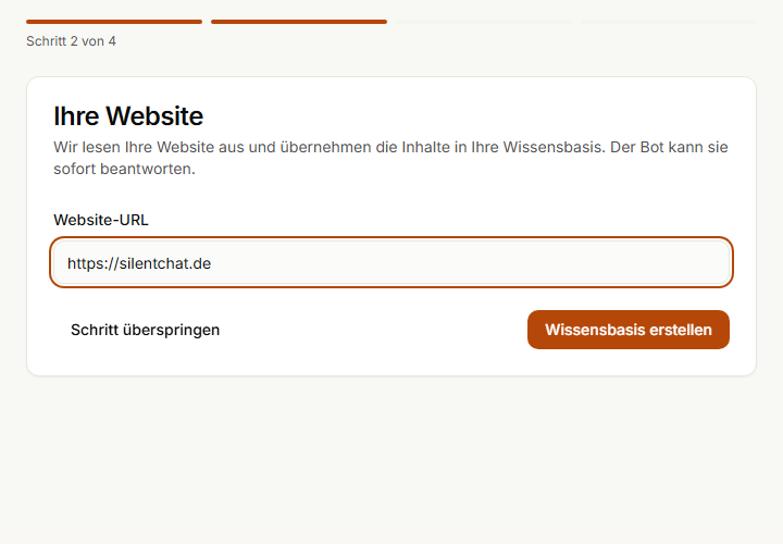 Einrichtungsassistent, Schritt 2 von 4: Feld für die Website-Adresse und Knopf „Wissensbasis erstellen“