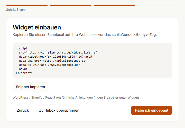Einrichtungsassistent, Schritt 3 von 4: Einbau-Schnipsel mit Widget-Schlüssel und Knopf „Snippet kopieren“