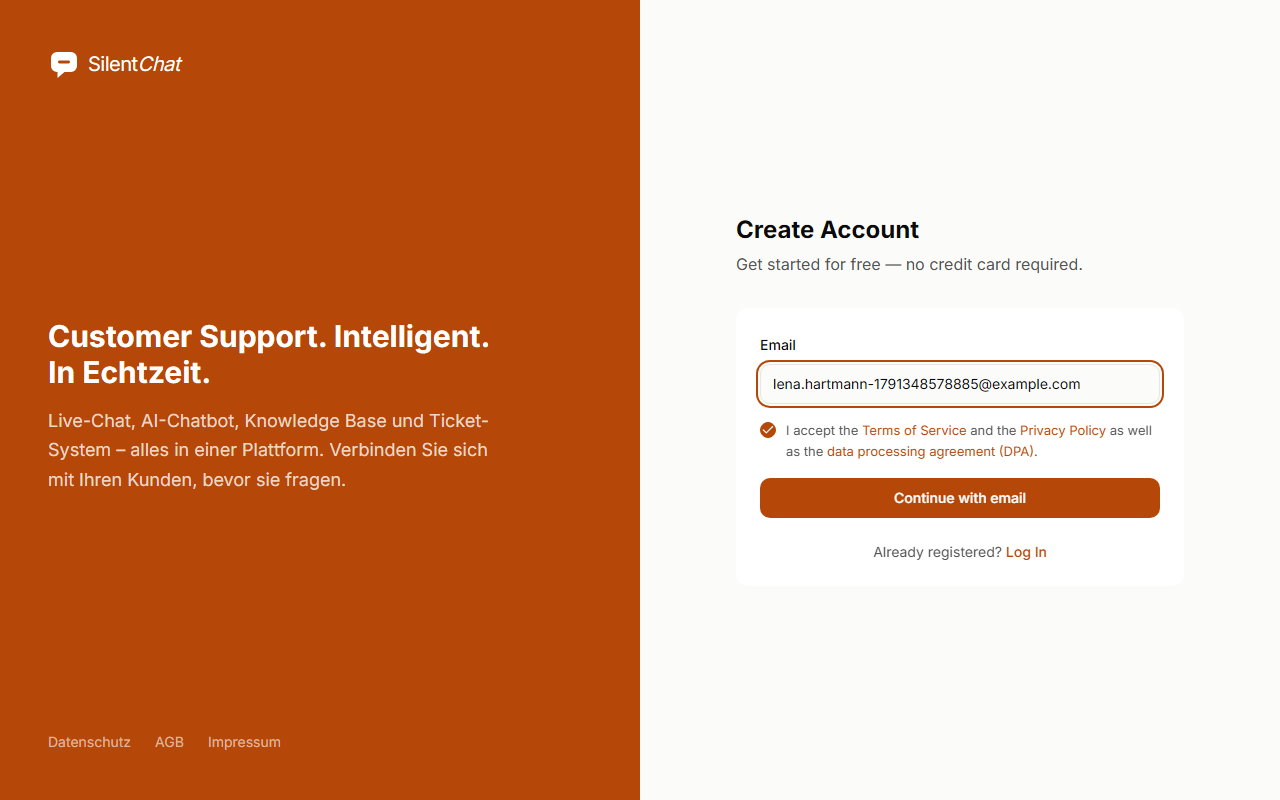 SilentChat sign-up page with an email field and a checkbox for terms, privacy policy and data processing agreement