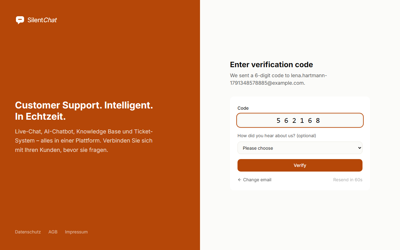 Input field for the six-digit code from the email