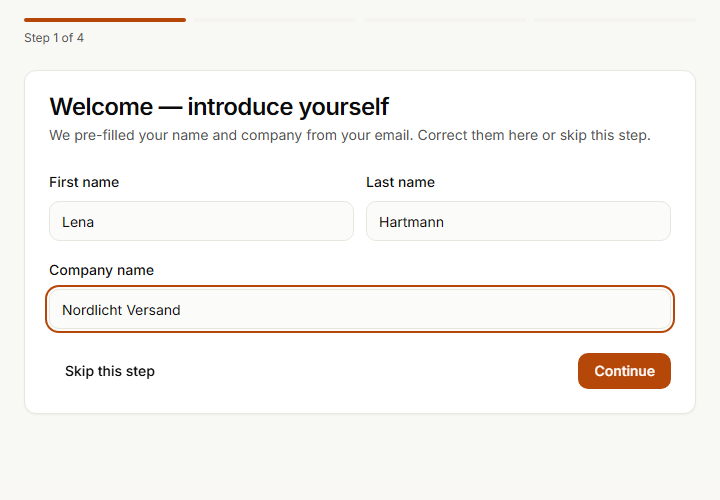 Setup assistant, step 1 of 4: first name, last name and company name