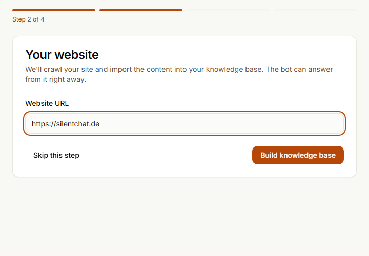 Setup assistant, step 2 of 4: field for the website address and a “Build knowledge base” button