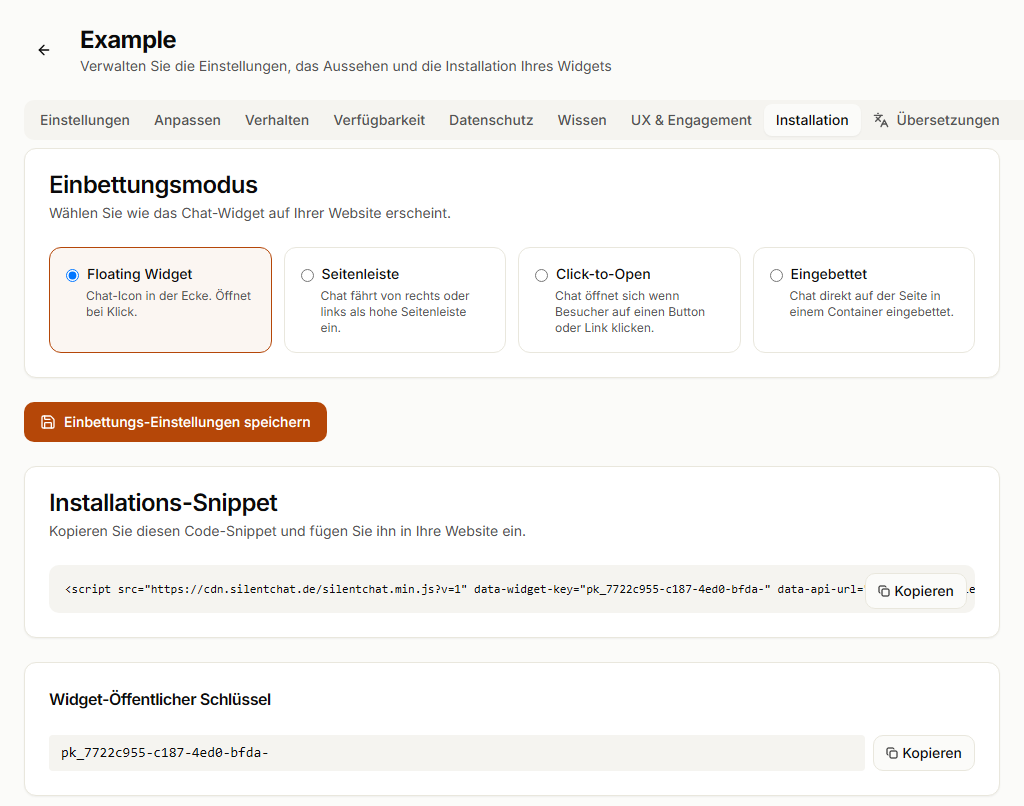 Widget-Reiter „Installation“ mit Einbettungsmodus, Installations-Snippet und öffentlichem Widget-Schlüssel