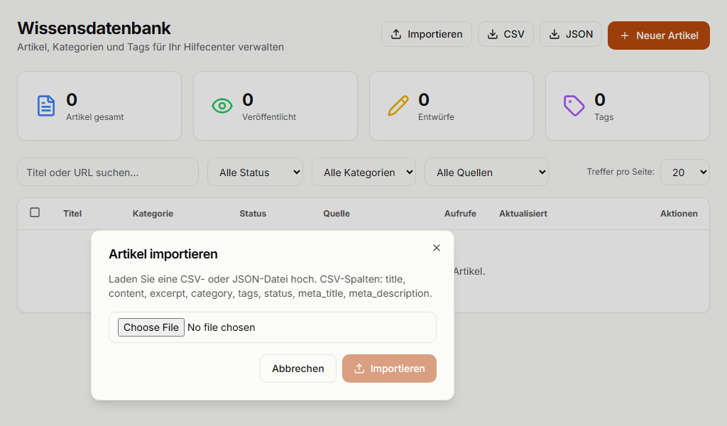 Dialog „Artikel importieren“ in der Wissensdatenbank: Datei wählen, CSV-Spalten title, content, excerpt, category, tags, status