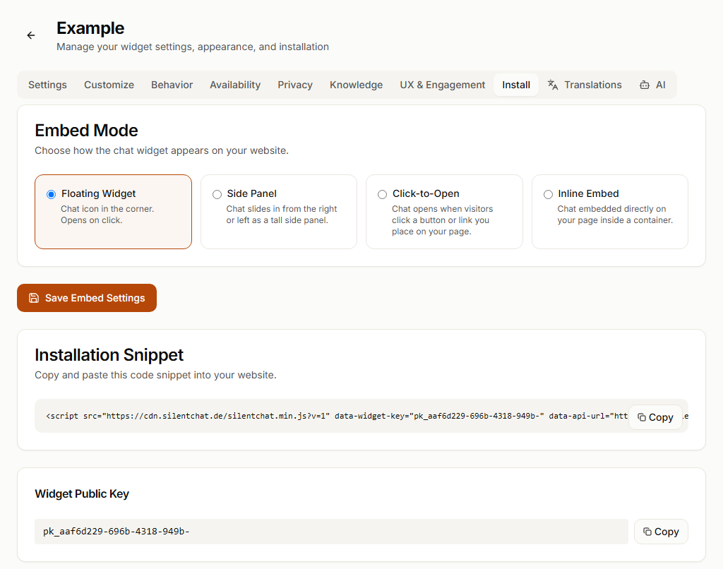 Widget “Install” tab with embed mode, installation snippet and public widget key