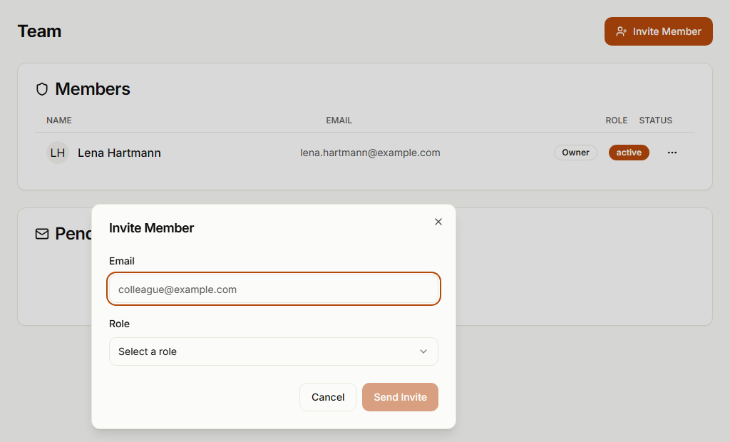 “Invite Member” dialog with an email field and role selection