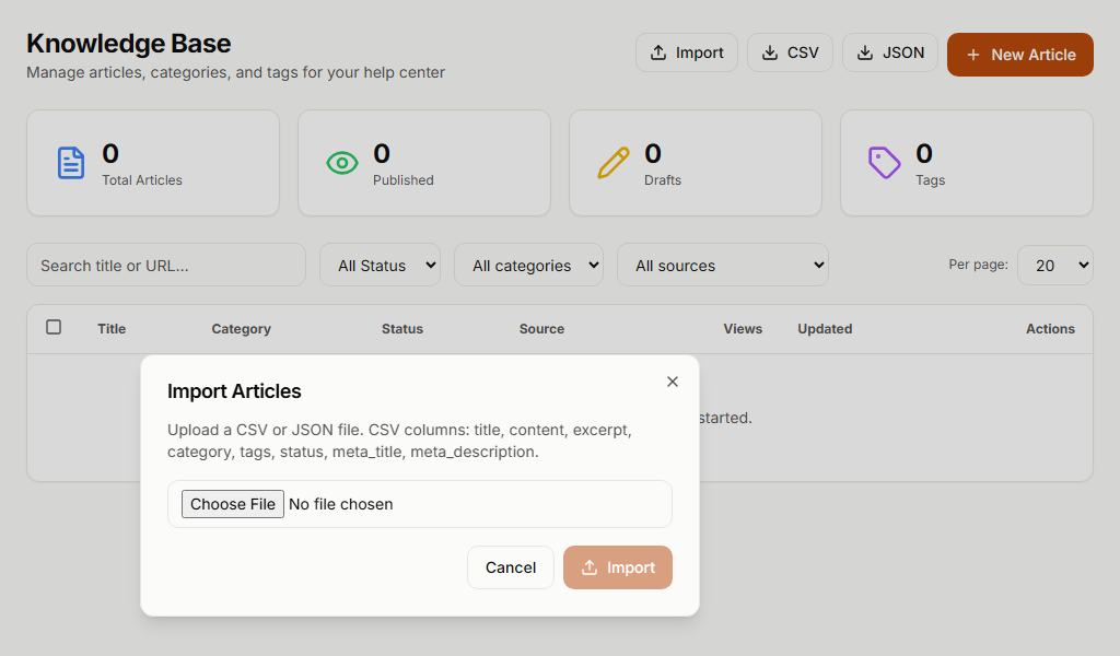 “Import articles” dialog in the knowledge base: choose a file, CSV columns title, content, excerpt, category, tags, status