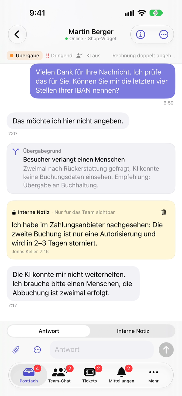 A conversation in the SilentChat app with the AI's handover reason, a yellow internal note and the reply field with a switch between Reply and Internal note