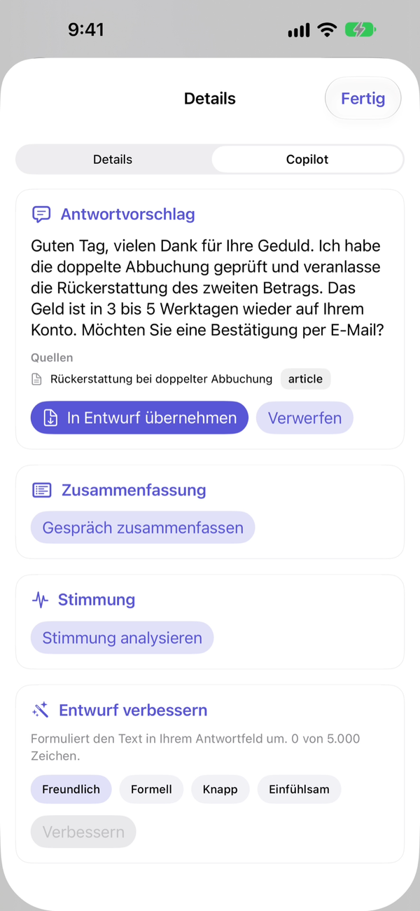The copilot in the SilentChat app with a suggested reply, its source, the buttons Use as draft and Discard, plus summary, mood and improve draft