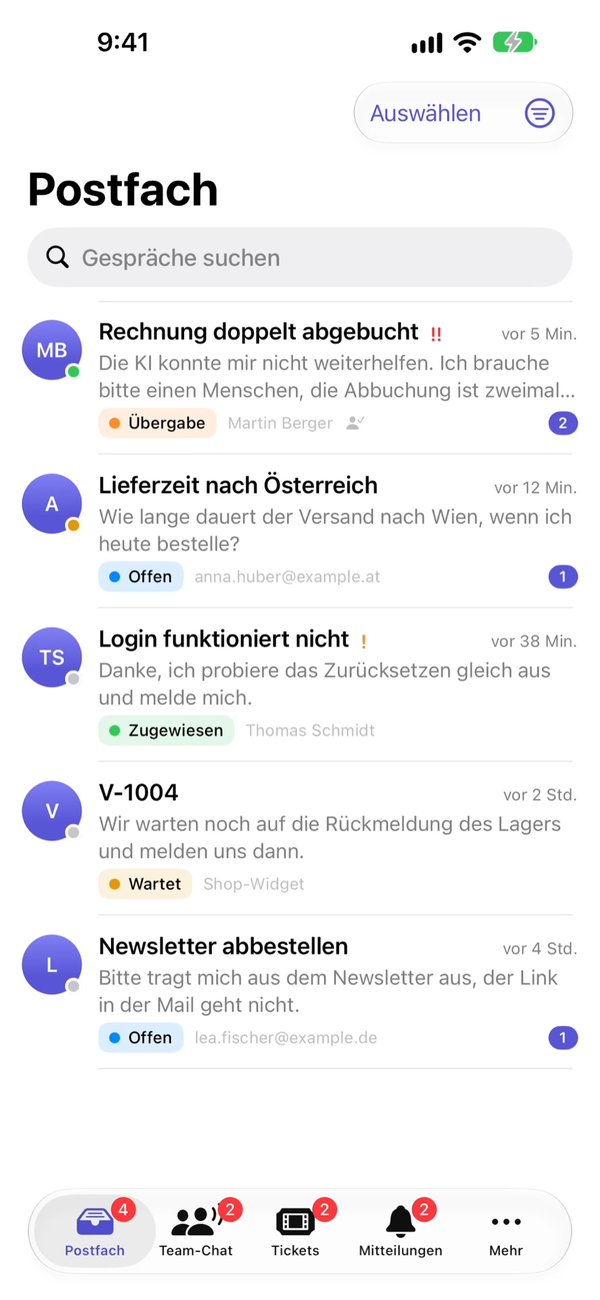 The inbox of the SilentChat app with five conversations, each with status, preview and an unread counter