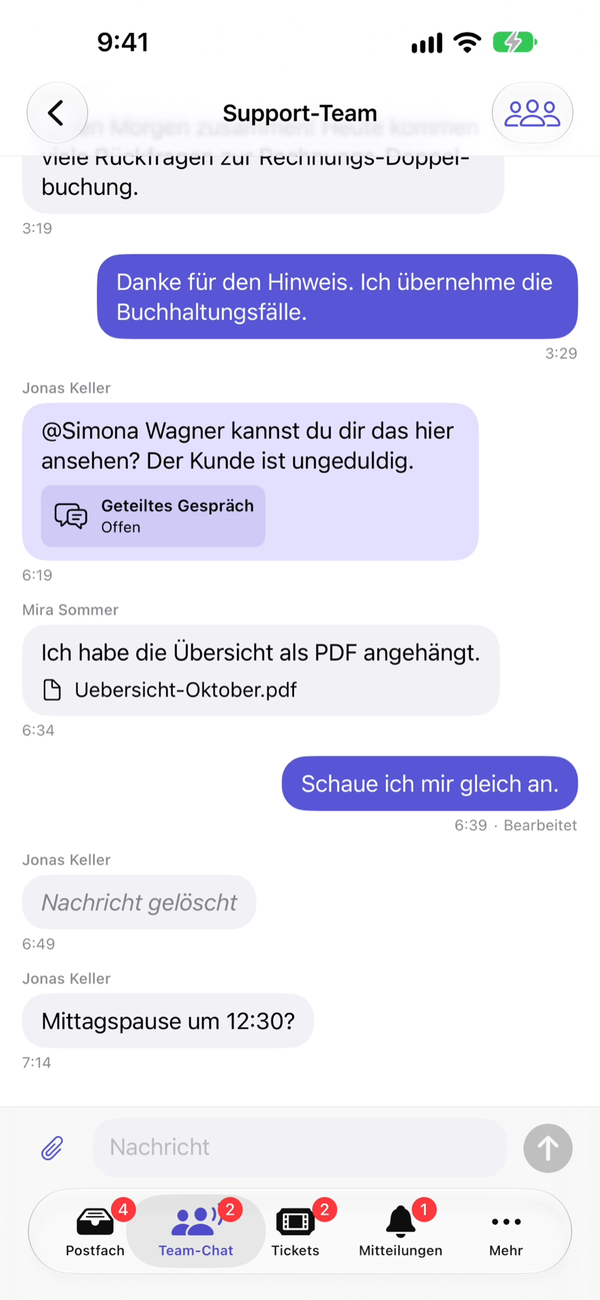 Team chat in the SilentChat app with the Support team channel, a shared conversation, a mention and an attached PDF
