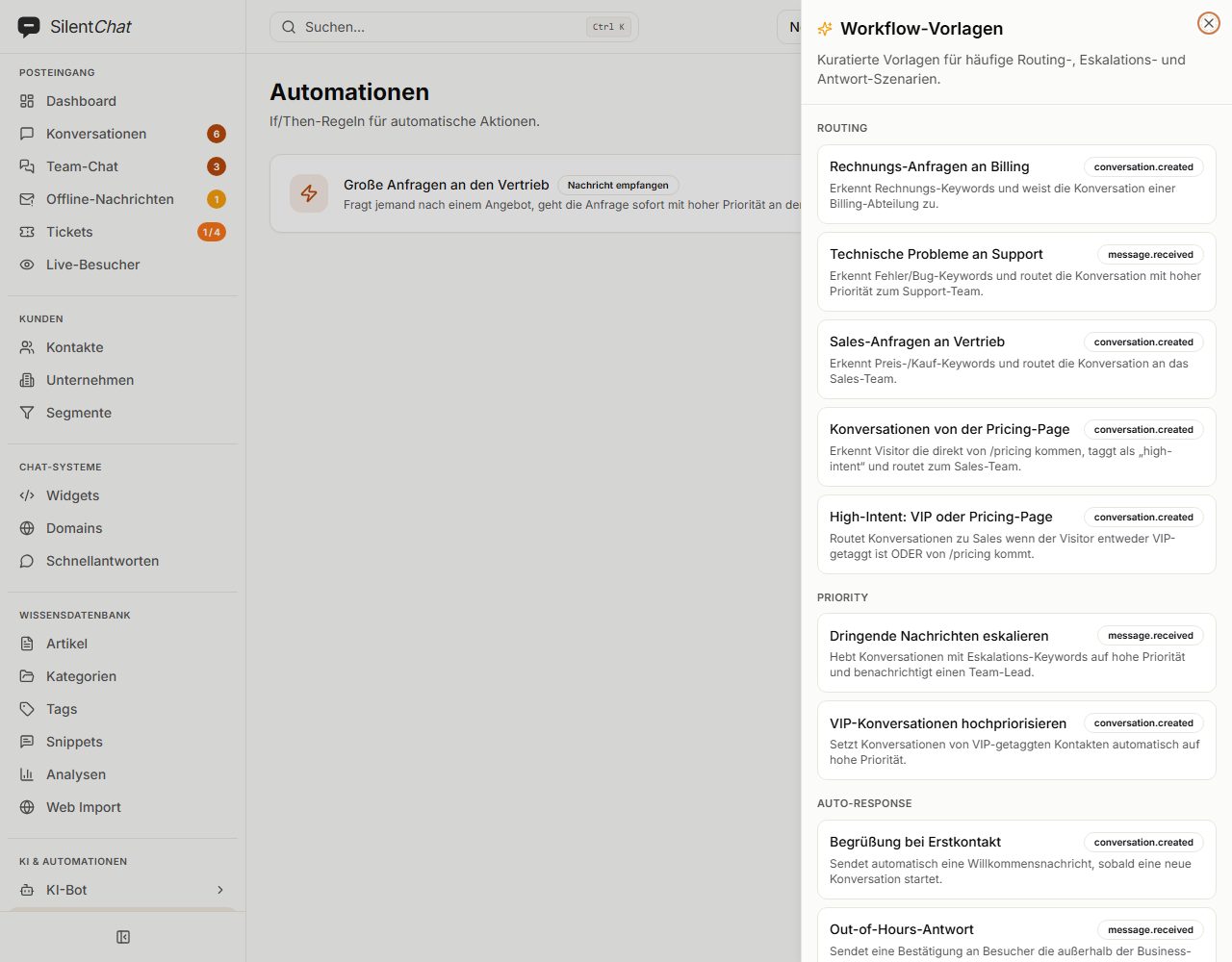 Seitenleiste „Workflow-Vorlagen“ mit Vorlagen für Routing, Priorität und automatische Antworten