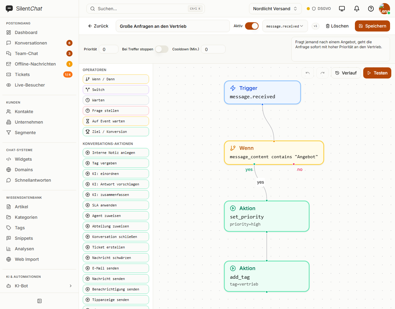 Workflow-Editor mit dem Graphen: Auslöser, Bedingung „Wenn“ und zwei Aktionen, links die Bausteine