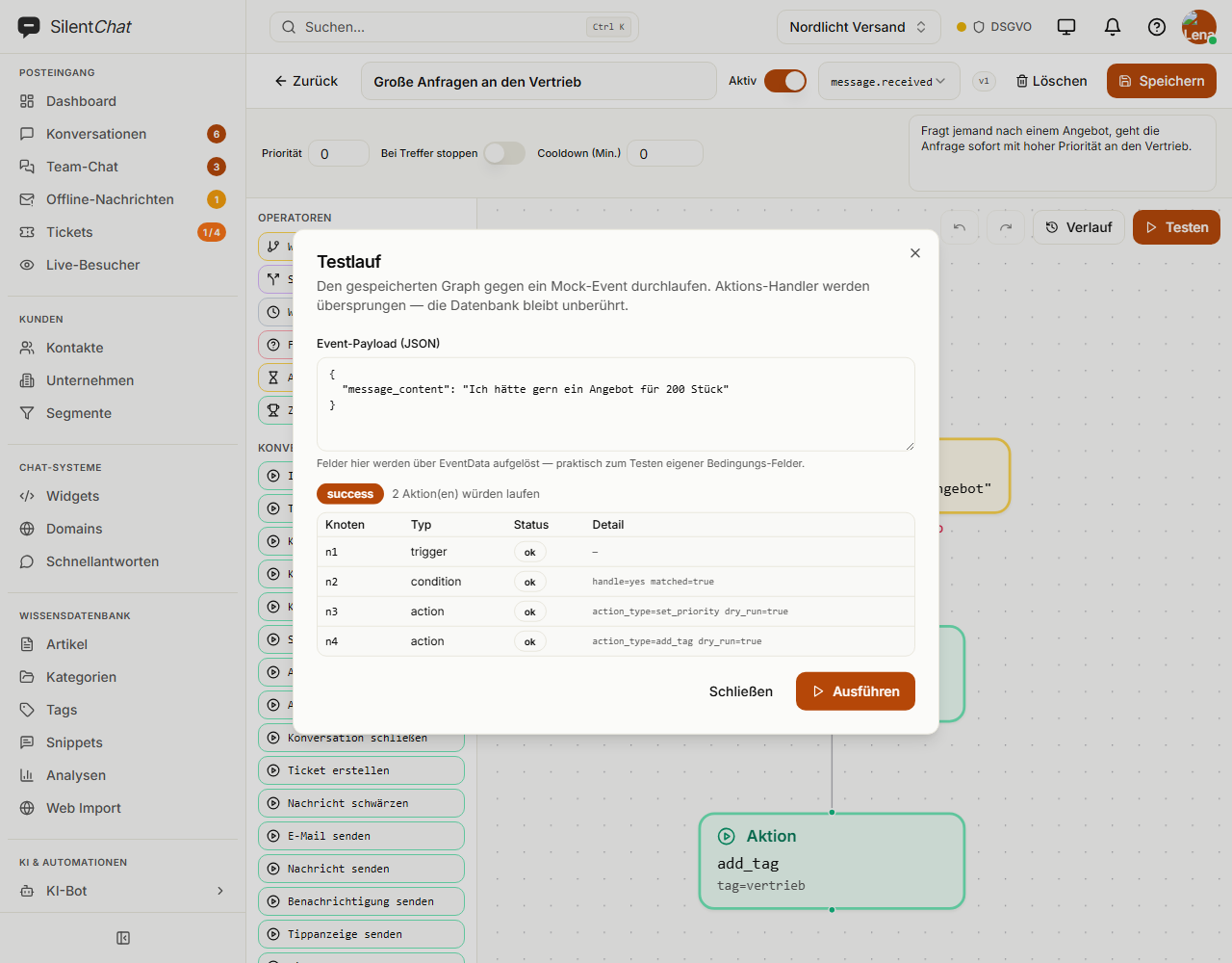 Dialog „Testlauf“ mit Ablaufprotokoll: Auslöser, Bedingung und zwei Aktionen, alle mit Status ok
