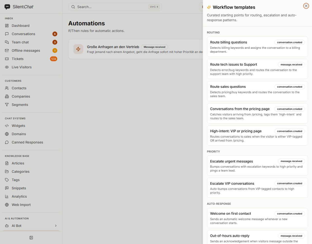 “Workflow templates” side panel with templates for routing, priority and automatic replies