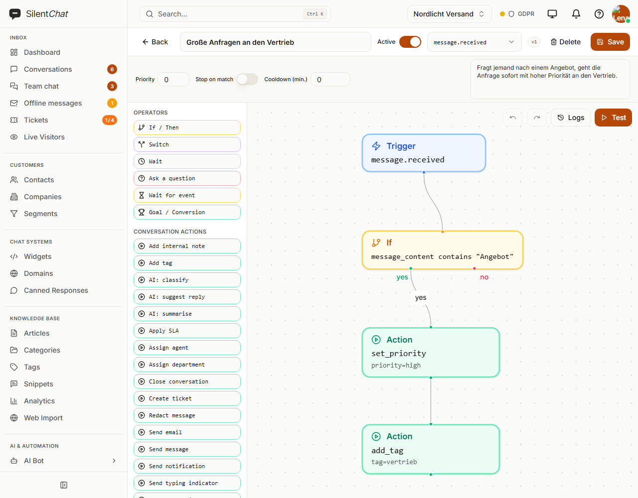 Workflow editor showing the graph: a trigger, an “If” condition and two actions, with the building blocks on the left