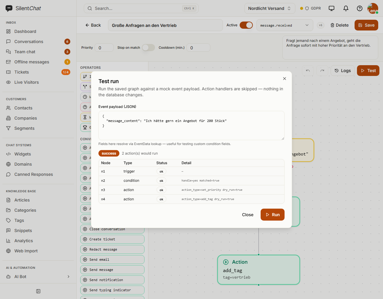 “Test run” dialog with a step log: trigger, condition and two actions, all with status ok