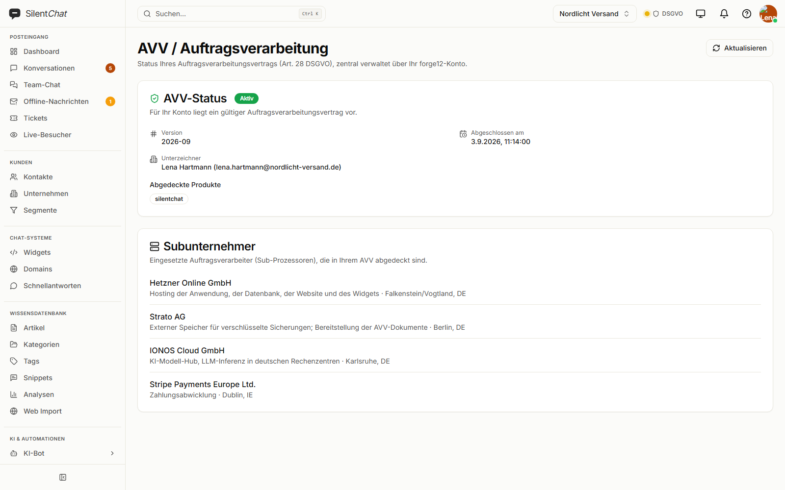 AVV-Status im SilentChat-Konto mit Fassung, Datum und Liste der Unterauftragsverarbeiter