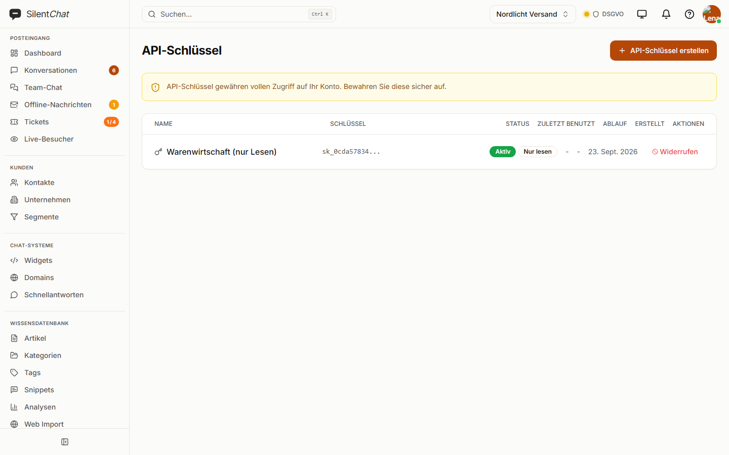The API keys page with an active key “Warenwirtschaft (nur Lesen)” marked as read-only.