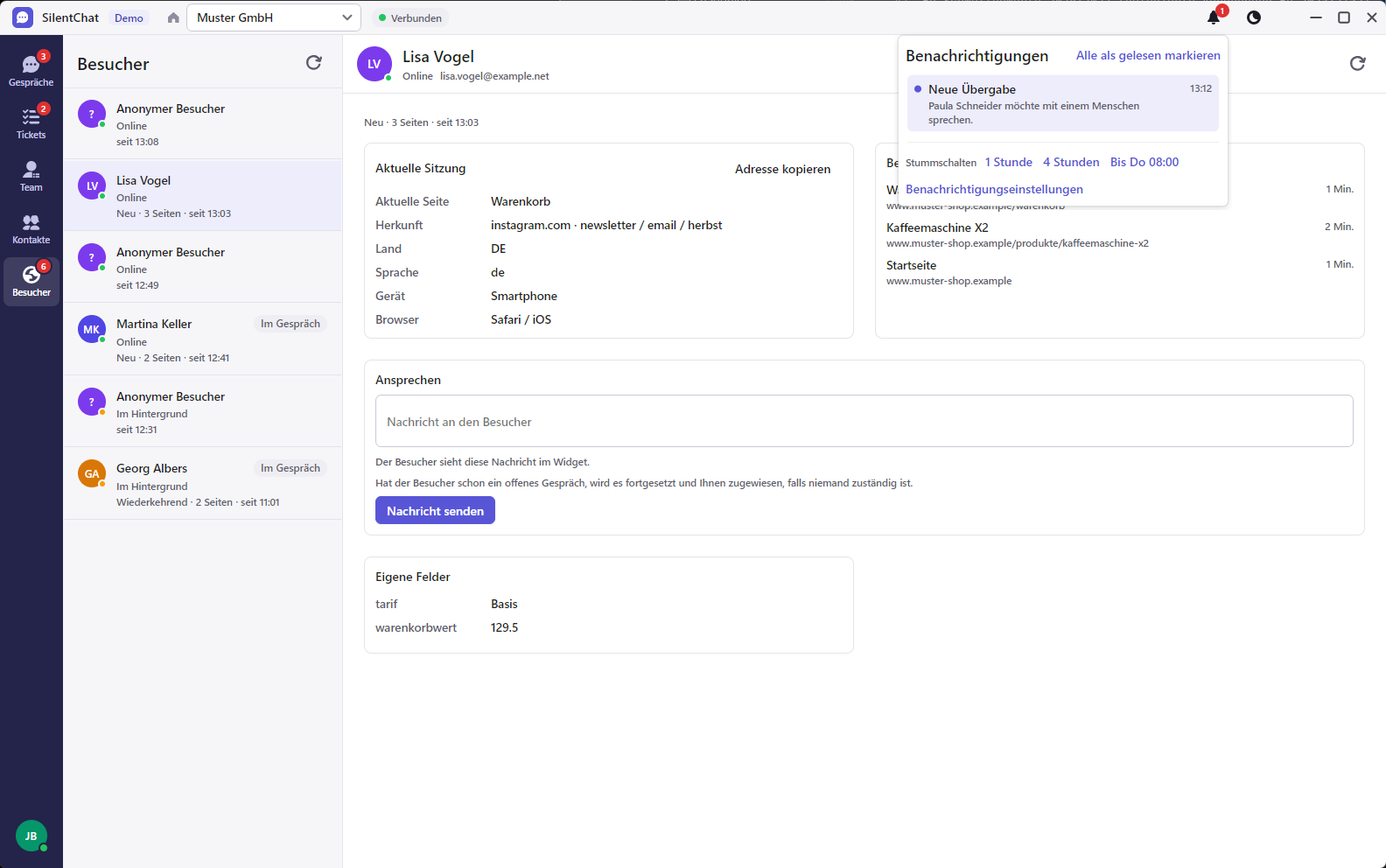 Die Desktop-App mit geöffneter Glocke: eine neue Übergabe, darunter Stummschalten für eine Stunde, vier Stunden oder bis zum nächsten Morgen.