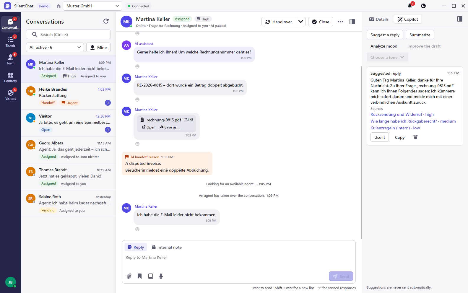 The desktop app with the copilot on the right: a suggested reply with the articles it relies on, and the Use it and Copy buttons.