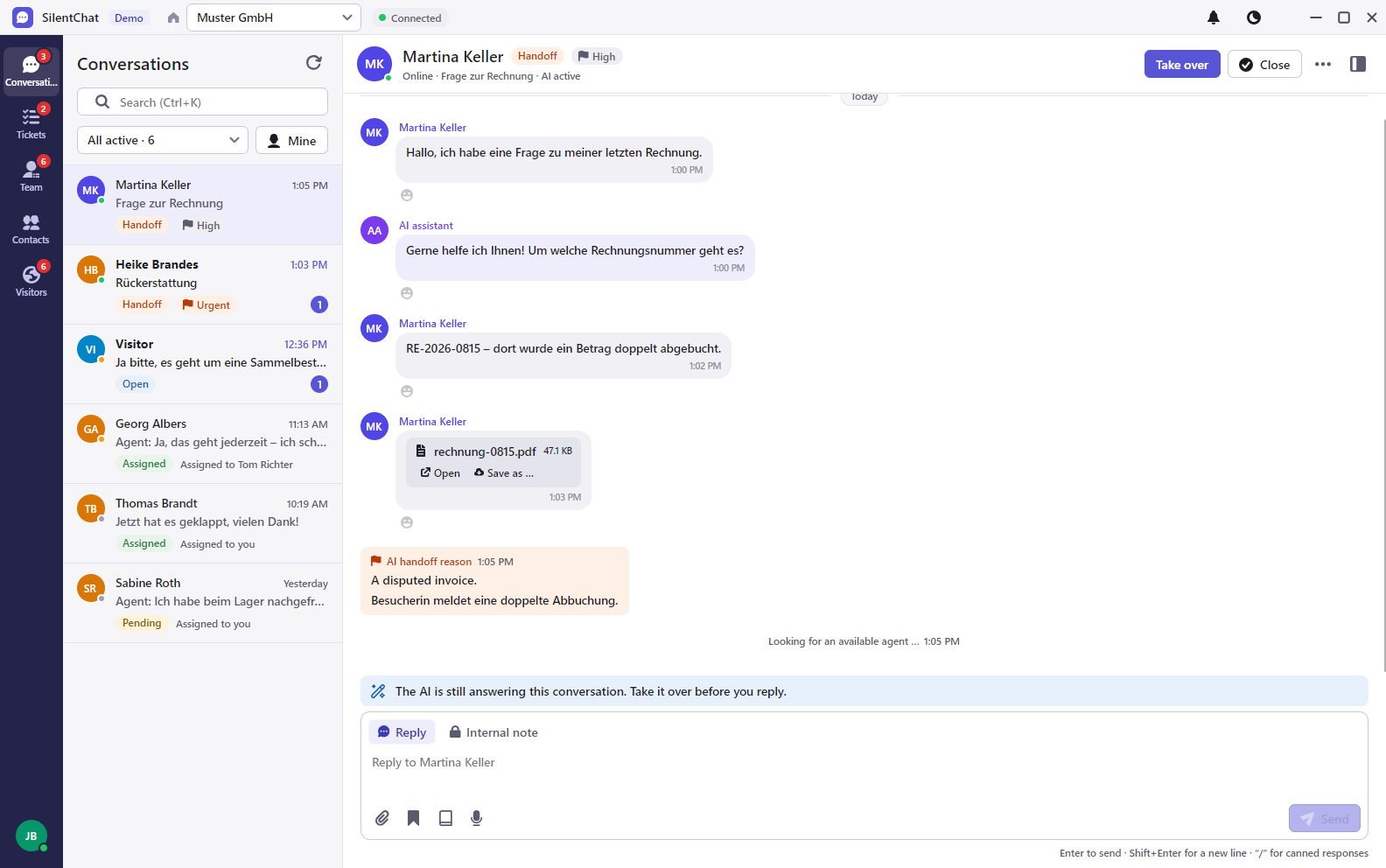 The desktop app on Windows: conversations on the left, on the right a conversation the AI handed over to the team with a reason, and the “Take over” button above it.