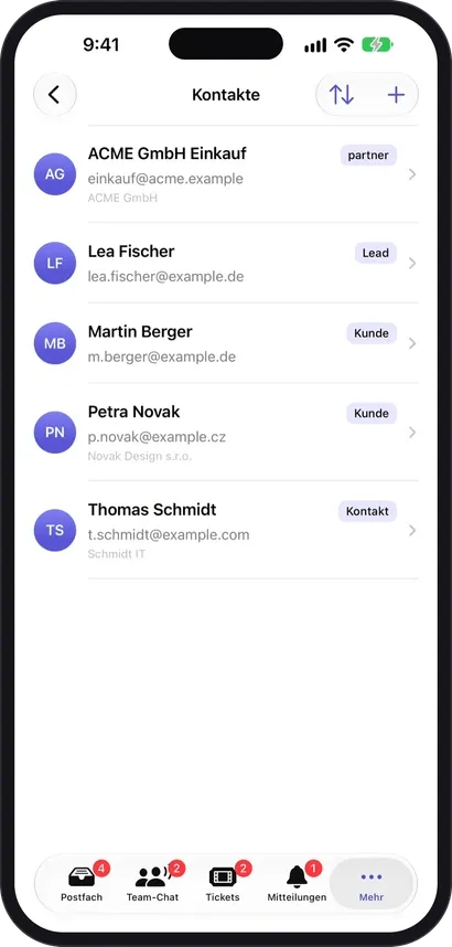 The contact list in the app with five contacts, each with name, email address, company and a label such as Partner, Lead, Customer or Contact.