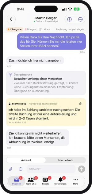 A conversation in the app: the visitor asks for a human, below it the AI's handover reason and a yellow internal note, at the bottom the reply field with a switch between Reply and Internal note.