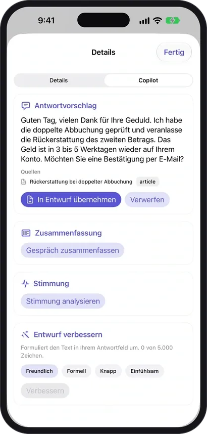 The copilot in the app: a suggested reply with its source and the buttons Use as draft and Discard, below it summary, mood and improve draft with a choice of tone.