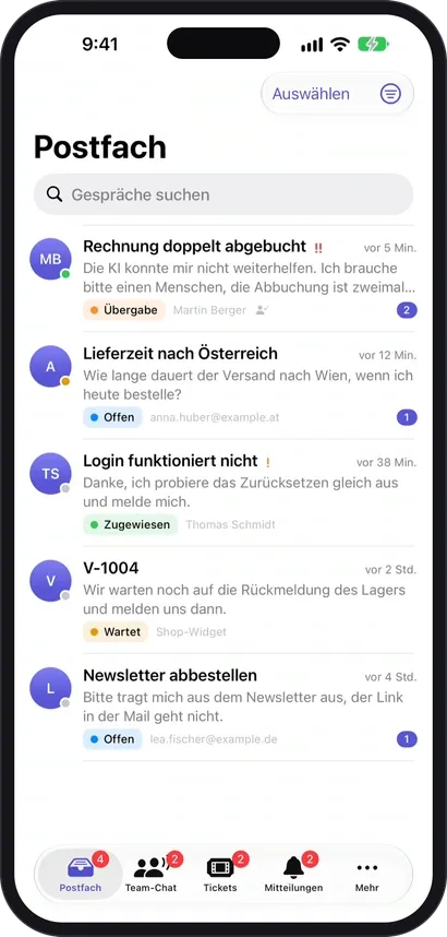 The inbox of the app with five conversations, each with a status such as Handover, Open, Assigned or Waiting, a preview and an unread counter.