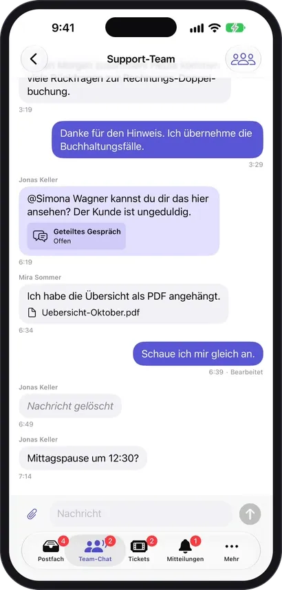 Team chat in the app: a Support team channel with a shared conversation, a mention and an attached PDF.