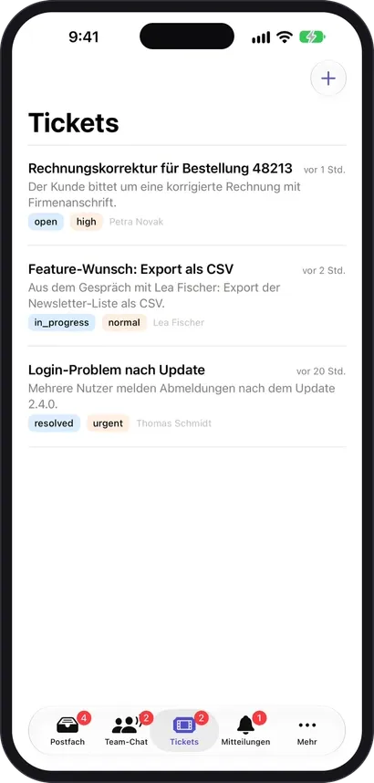 The ticket list in the app with three tickets, each with status, priority and the person responsible.