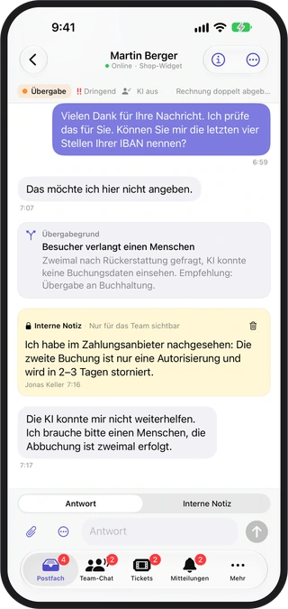 The SilentChat app on iPhone: a conversation the AI handed over to the team, with the handover reason, an internal note and the reply field.