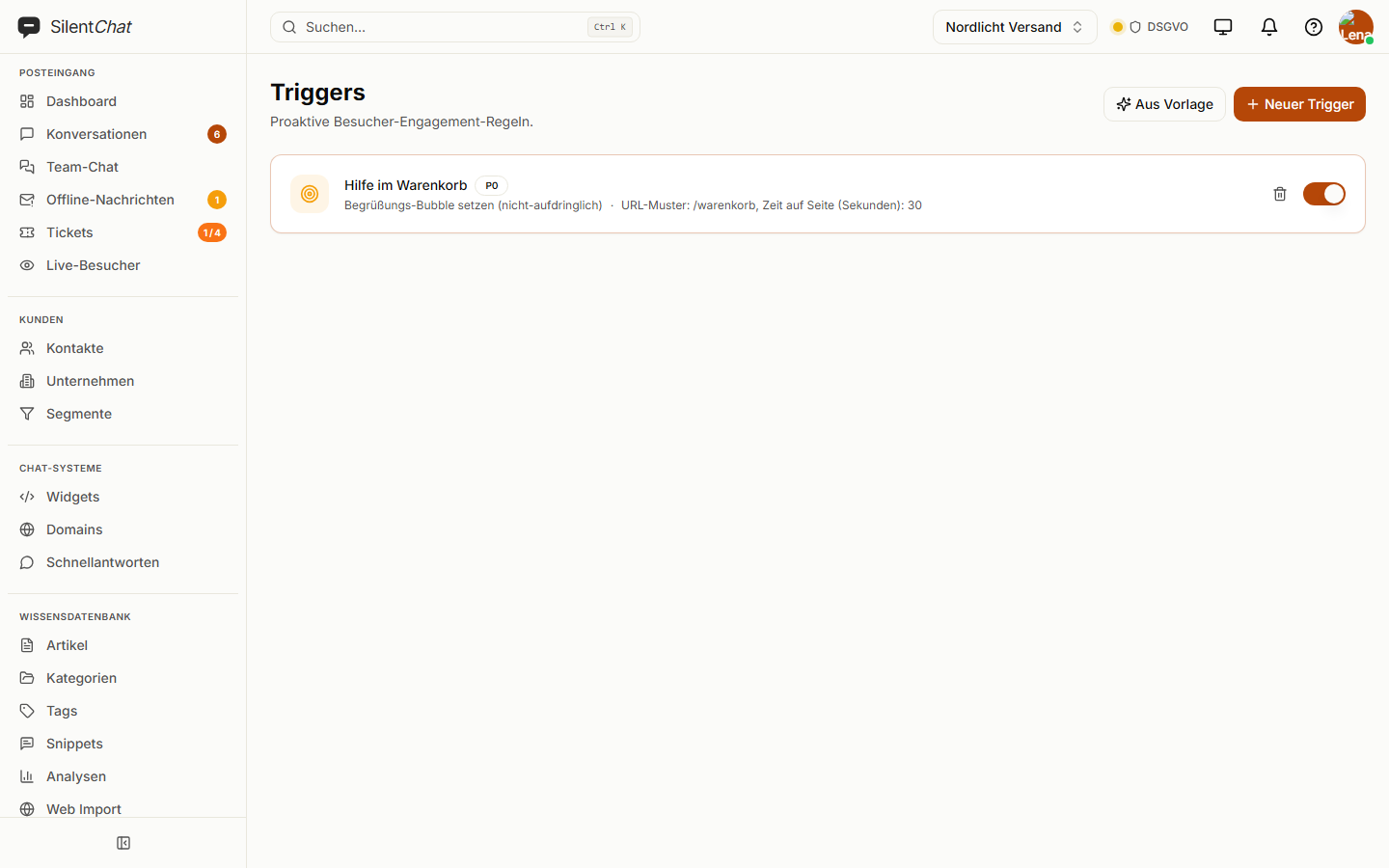 Die Trigger-Liste mit dem aktiven Trigger „Hilfe im Warenkorb“: Begrüßung nach 30 Sekunden auf der Warenkorbseite.