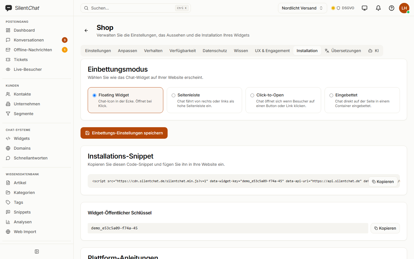 Die Einrichtung eines Widgets: Auswahl der Erscheinungsform und darunter der Einbau-Schnipsel zum Kopieren.