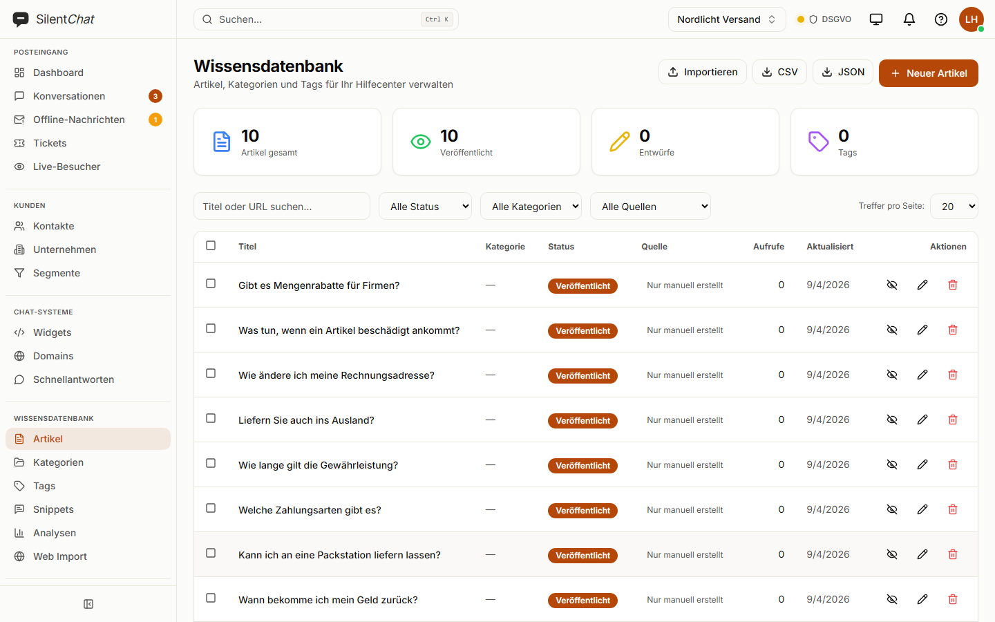 The knowledge base with ten published articles on shipping, returns and warranty.