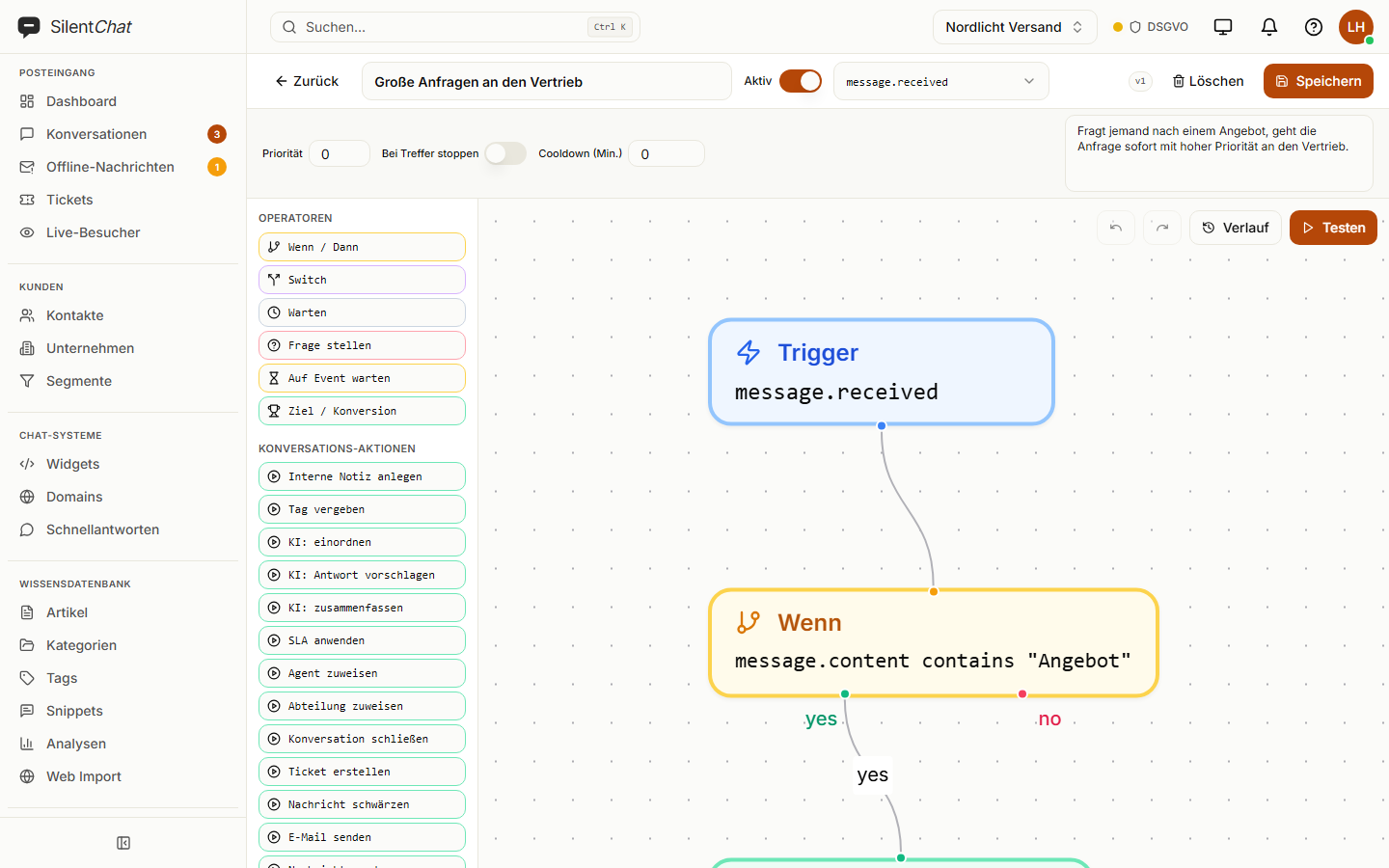 Der Workflow-Editor mit dem Ablauf „Große Anfragen an den Vertrieb“: Auslöser, Bedingung mit Ja/Nein-Zweig, Priorität setzen und Schlagwort vergeben.